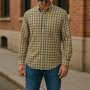 Lands End Mens Shirt, Yellow Blue Plaid, Mens SIze 17/33